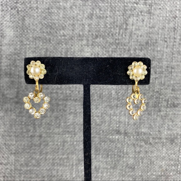 Vintage Heart Rhinestone Screw Back Earrings - Picture 2 of 6